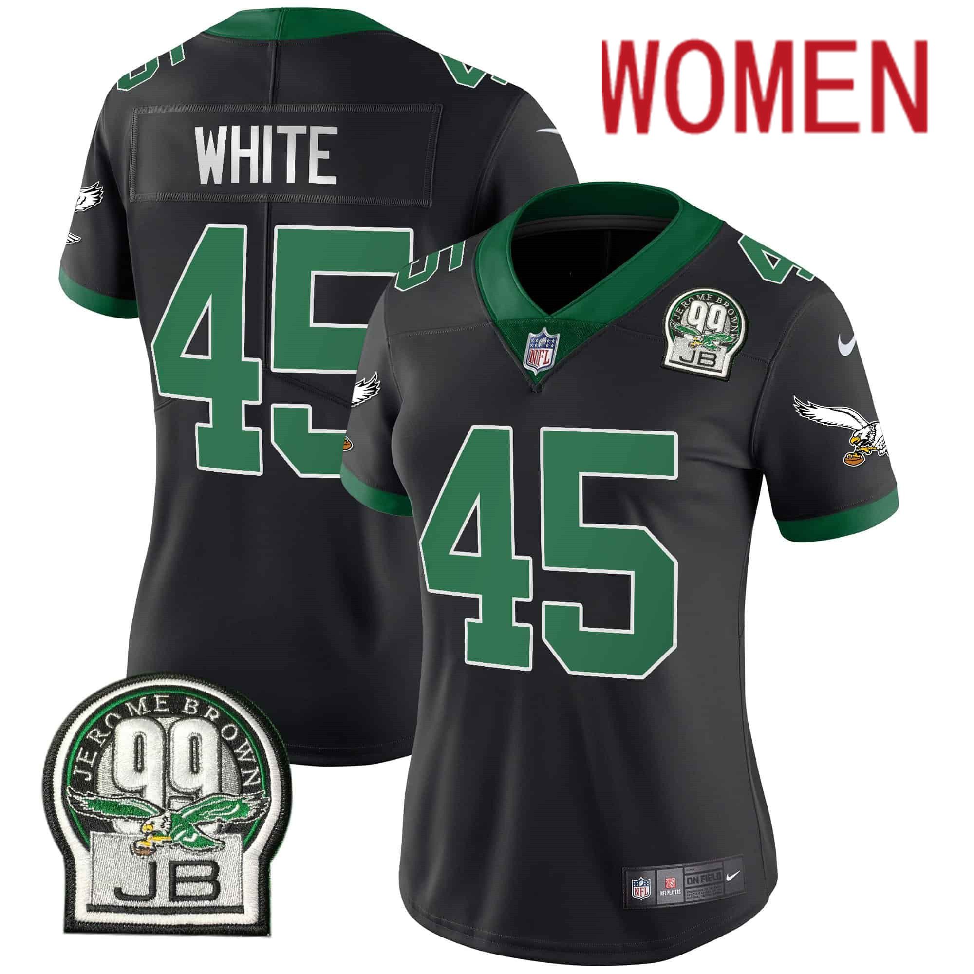 Women Philadelphia Eagles 45 White Black 2024 Nike Jerome Brown Patch Alternate Limited NFL Jersey style 1